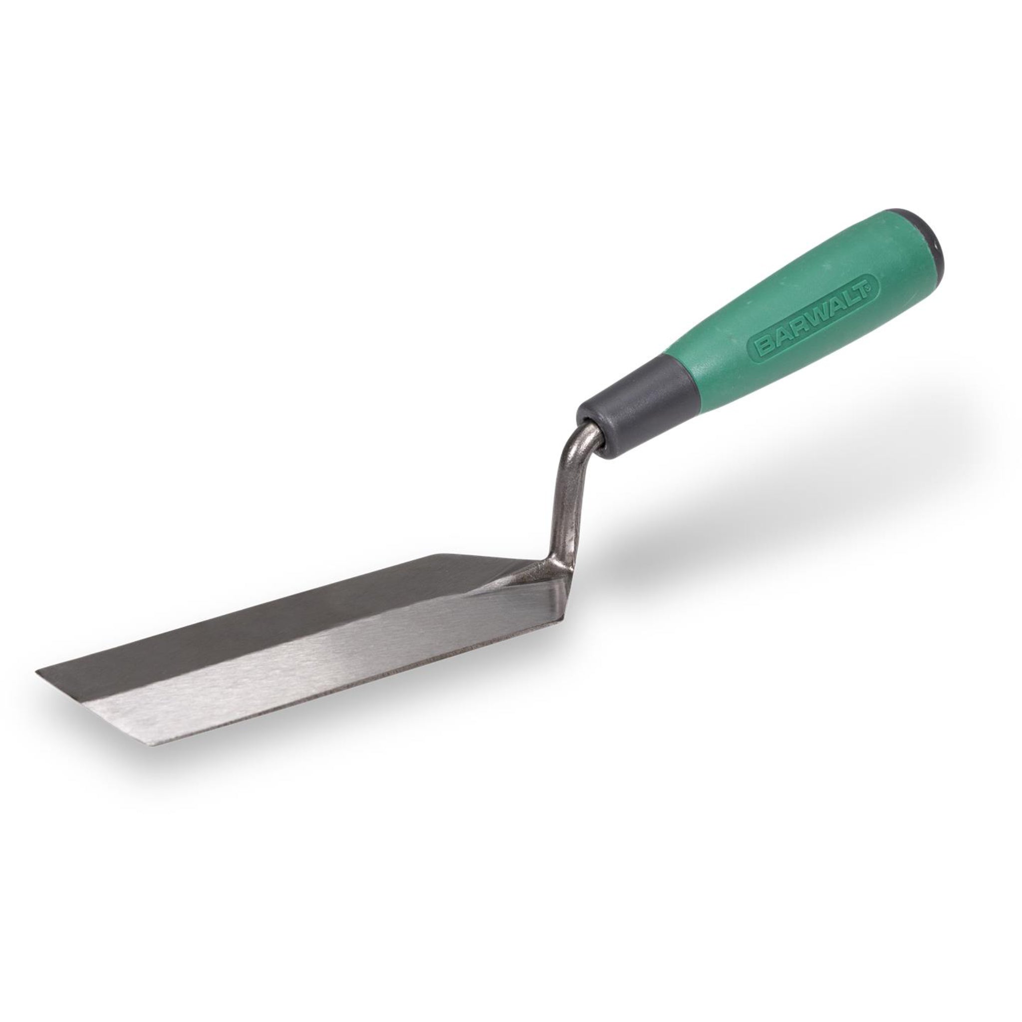 A barwalt margin trowel with a cushion green handle angled left on a white background