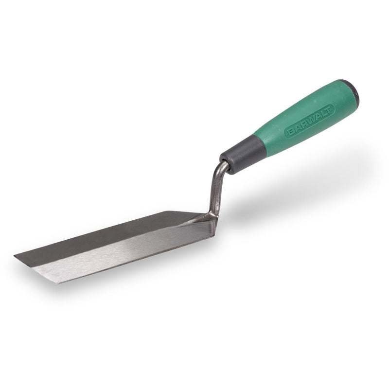 A barwalt margin trowel with a cushion green handle angled left on a white background