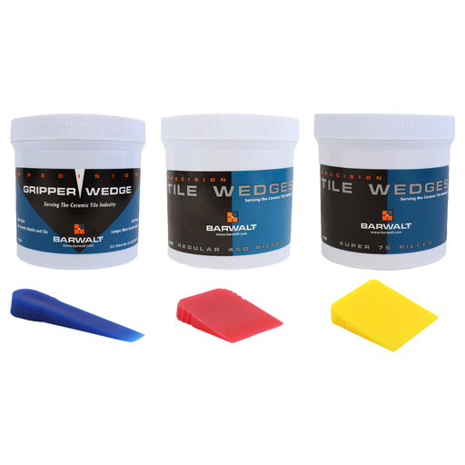Three jars of Barwalt Precision Tile Wedges with three wedges in front