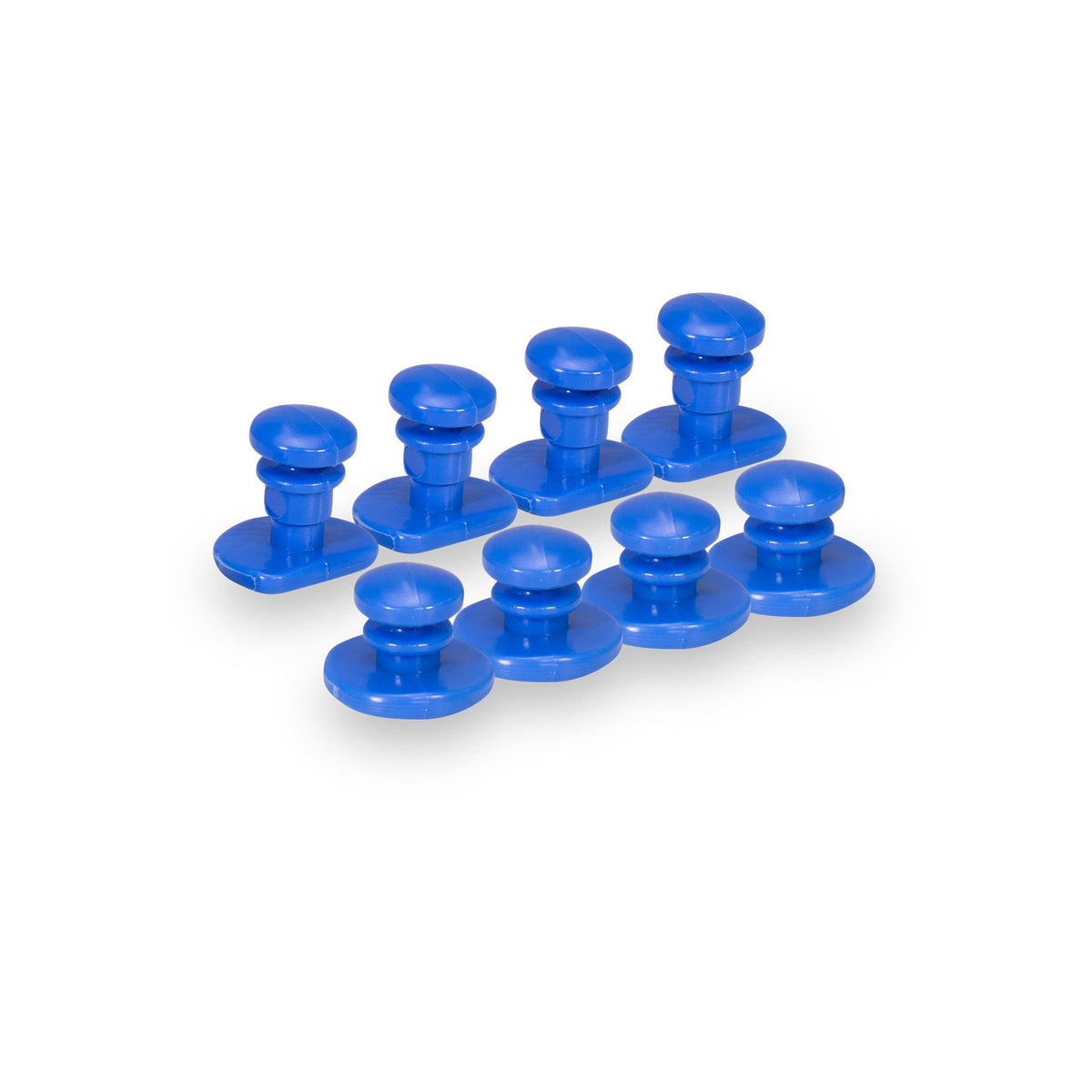 A set of 8 bright blue replacement buttons for Barwalt Tools knee pads, arranged in two rows