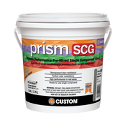 Bucket of prism SCG grout with a colorful label on a white background