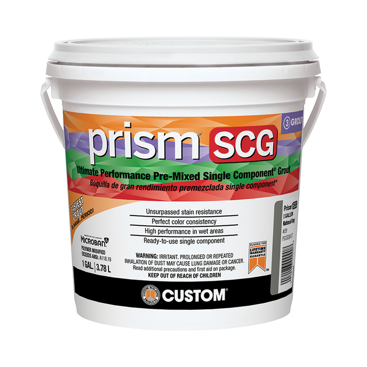 Bucket of prism SCG grout with a colorful label on a white background