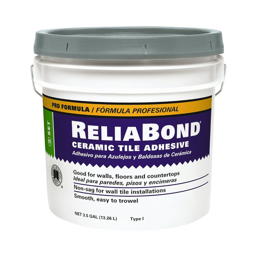 ReliaBond ceramic tile adhesive container on a white background