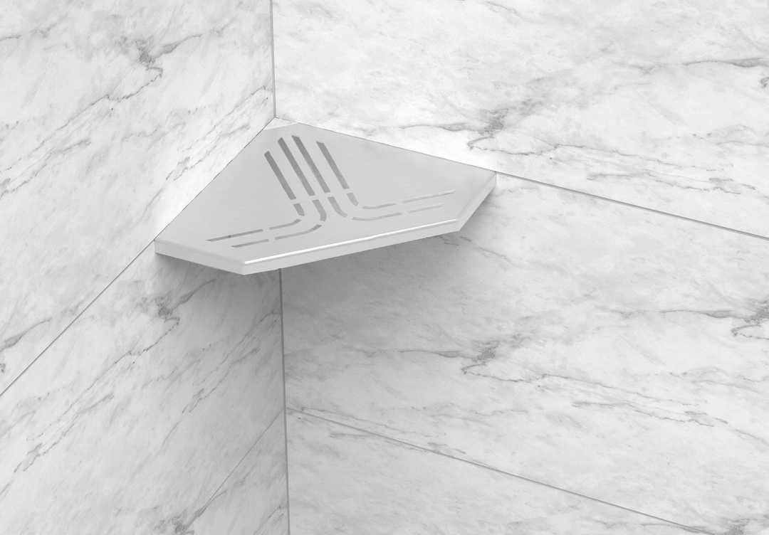 GURU Evolux BEAT Trapezoid Shower Corner Shelf Installed, Brushed