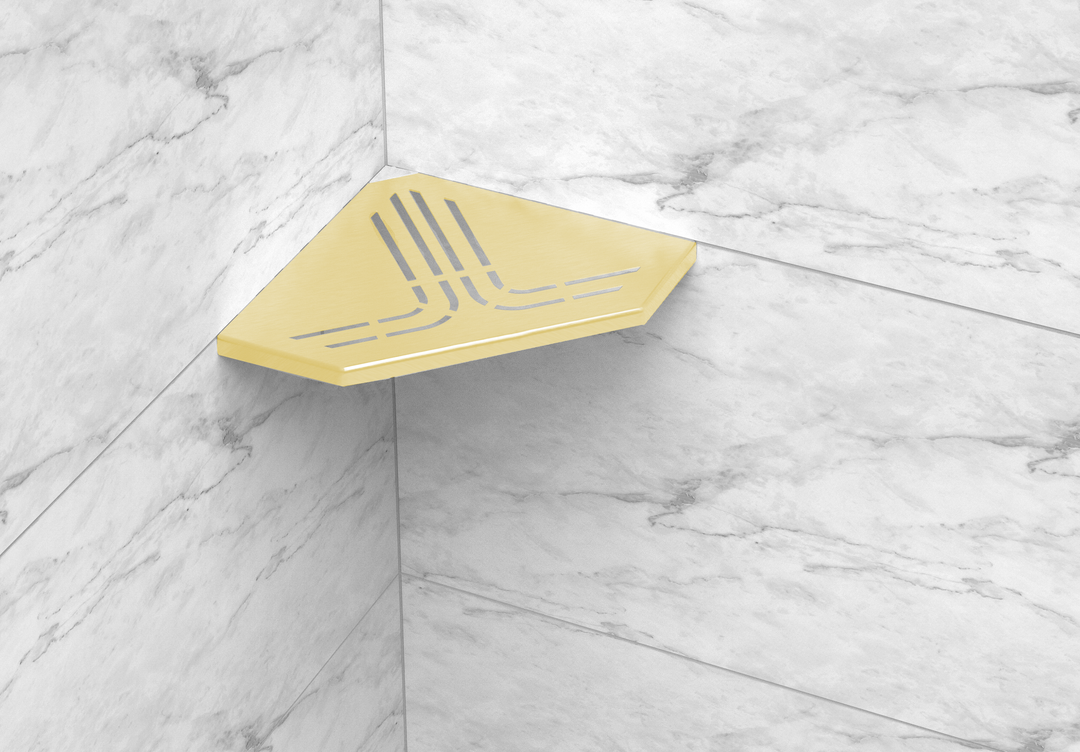 GURU Evolux BEAT Trapezoid Shower Corner Shelf Installed, Gold