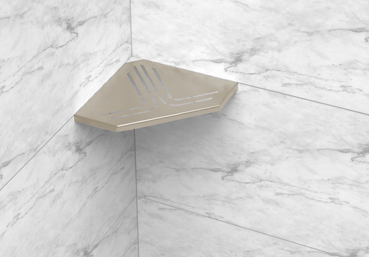 GURU Evolux BEAT TrapizoidShower Corner Shelf Installed, Nickel