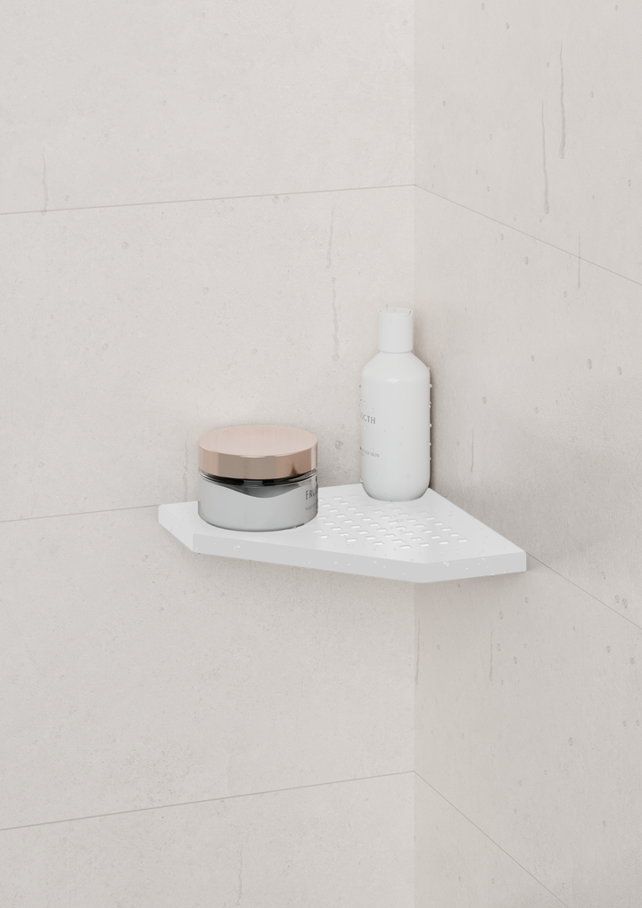 GURU Evolux PLUS Trapezoid Shower Corner Shelf Installed, White