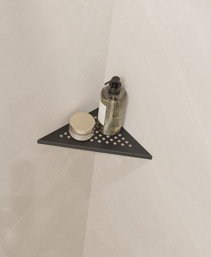 GURU Evolux PLUS Triangle Shower Corner Shelf Installed, Black