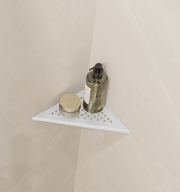 GURU Evolux PLUS Triangle Shower Corner Shelf Installed, Brushed