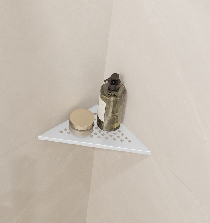 GURU Evolux PLUS Triangle Shower Corner Shelf Installed, Brushed