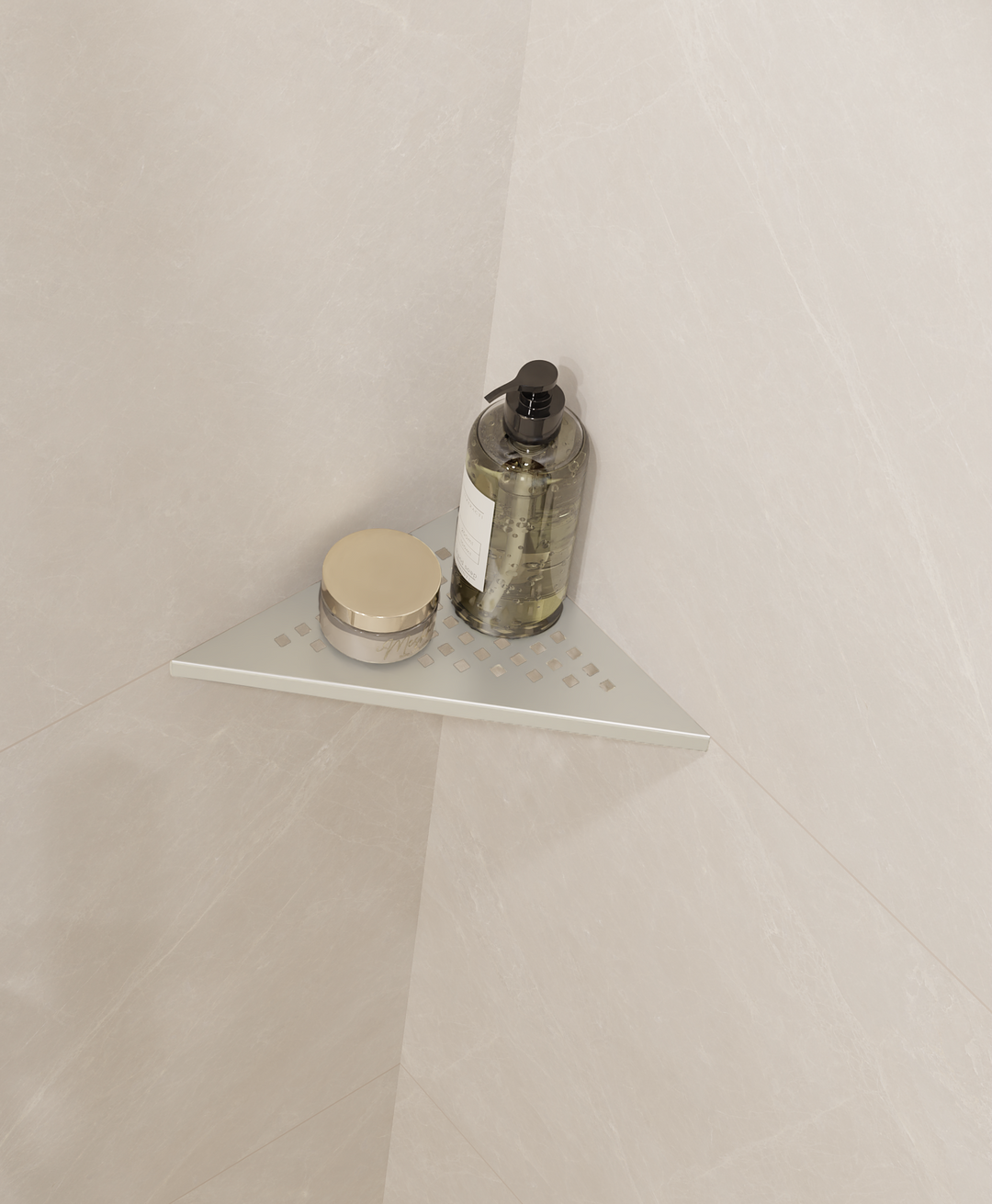 GURU Evolux PLUS Triangle Shower Corner Shelf Installed, nickel