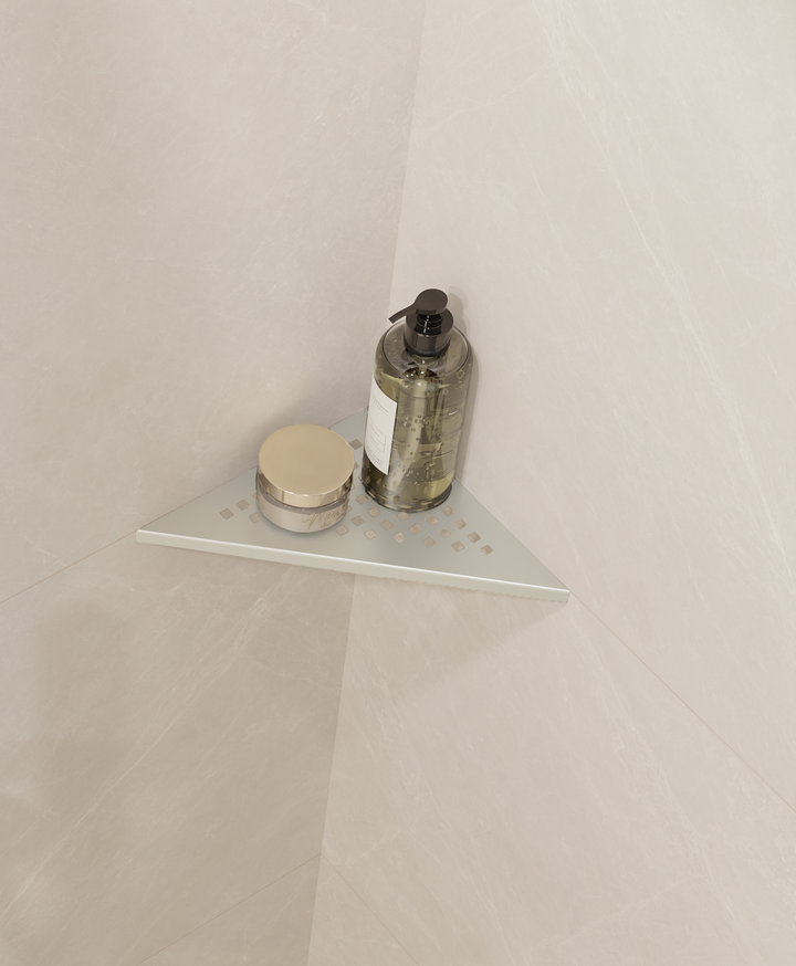 GURU Evolux PLUS Triangle Shower Corner Shelf Installed, nickel