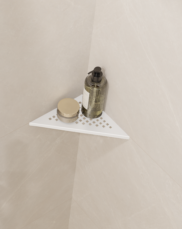 GURU Evolux PLUS Triangle Shower Corner Shelf Installed, White