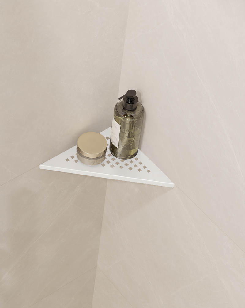 GURU Evolux PLUS Triangle Shower Corner Shelf Installed, White