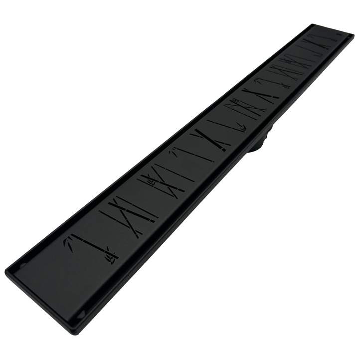 GURU Evolux 24" Zen Brush Linear Drain & Strainer, Black. Diagonal View.
