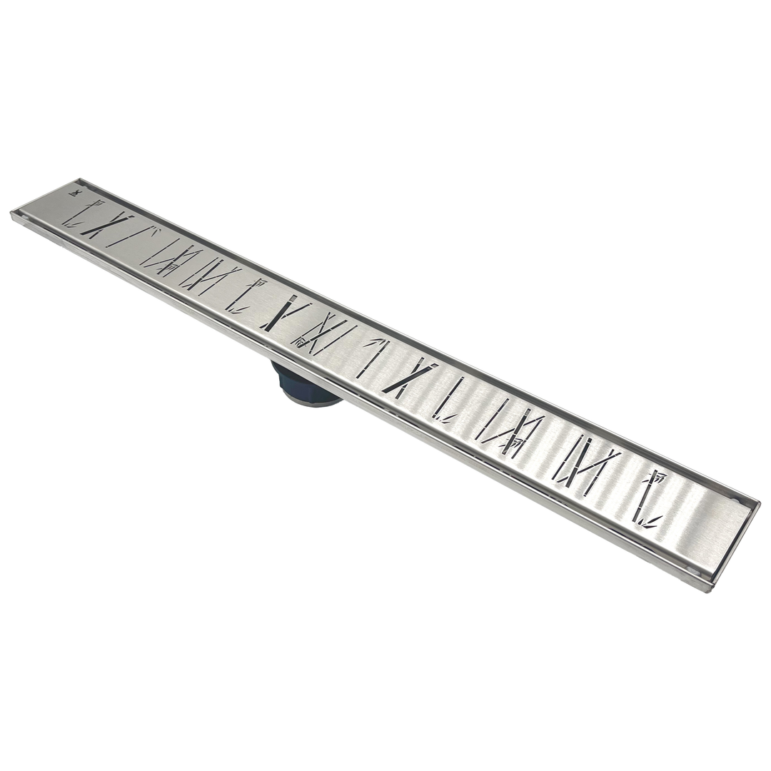 GURU Evolux 24" Zen Brush Linear Drain & Strainer, Stainless Steel. Diagonal View.

