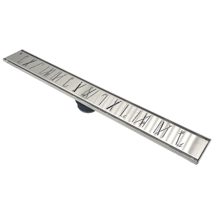 GURU Evolux 24" Zen Brush Linear Drain & Strainer, Stainless Steel. Diagonal View.
