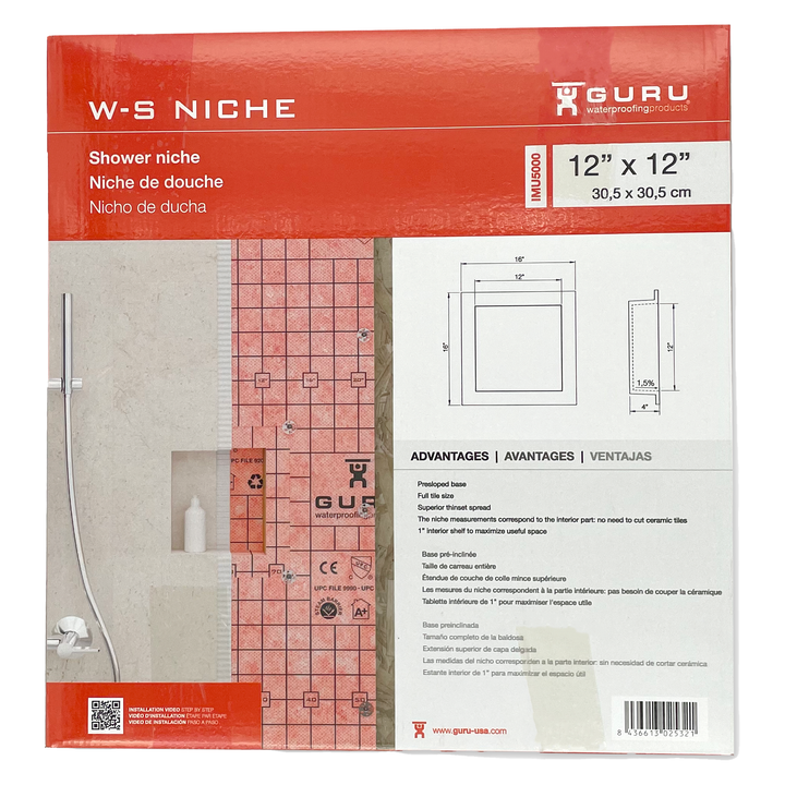 Guru Water-Stop Shower Niche, 12"x12", designed for effective waterproofing and drainage in shower installations.