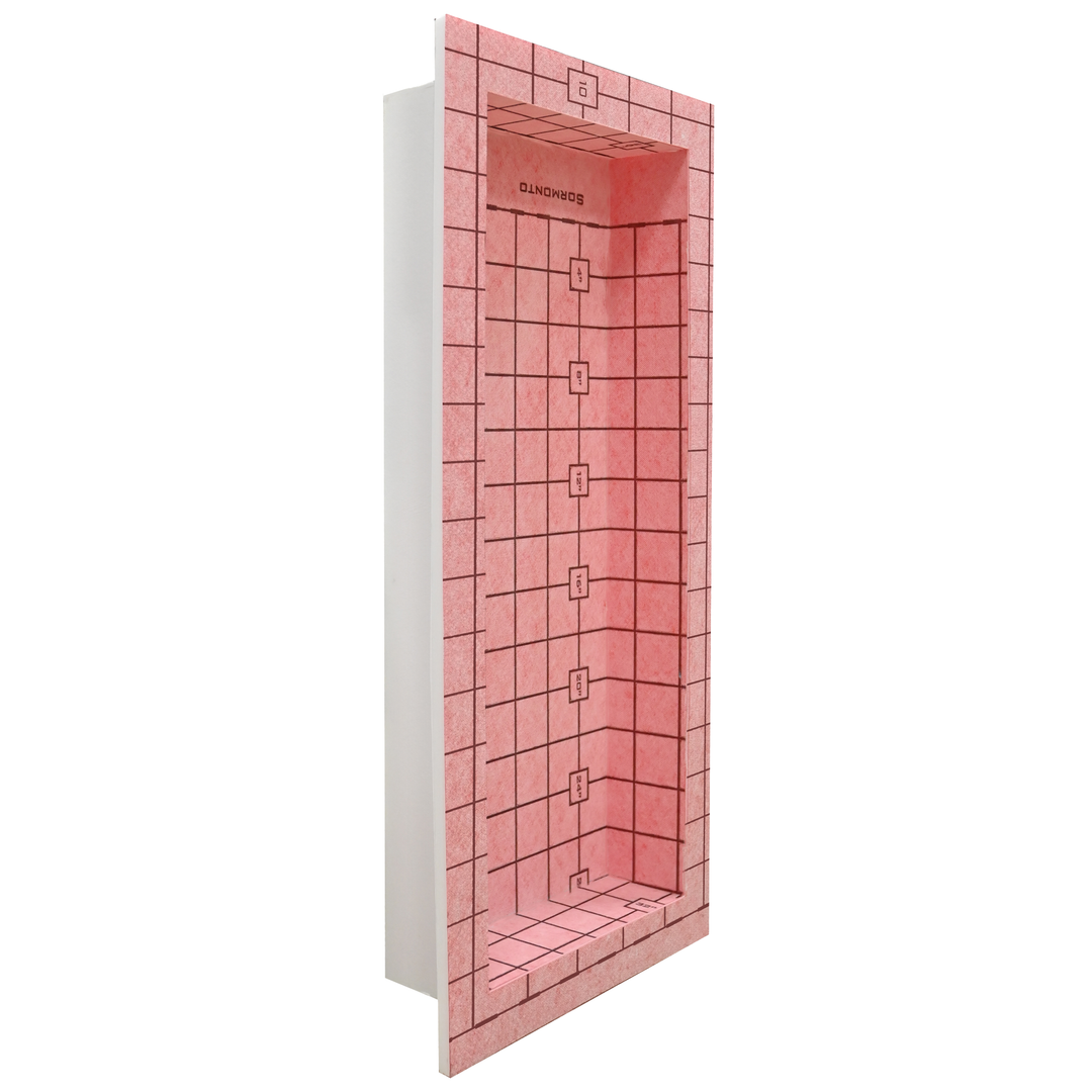 Image of the Guru Water-Stop Shower Niche, 12 inches by 28 inches, designed for waterproofing and drainage in shower installations.