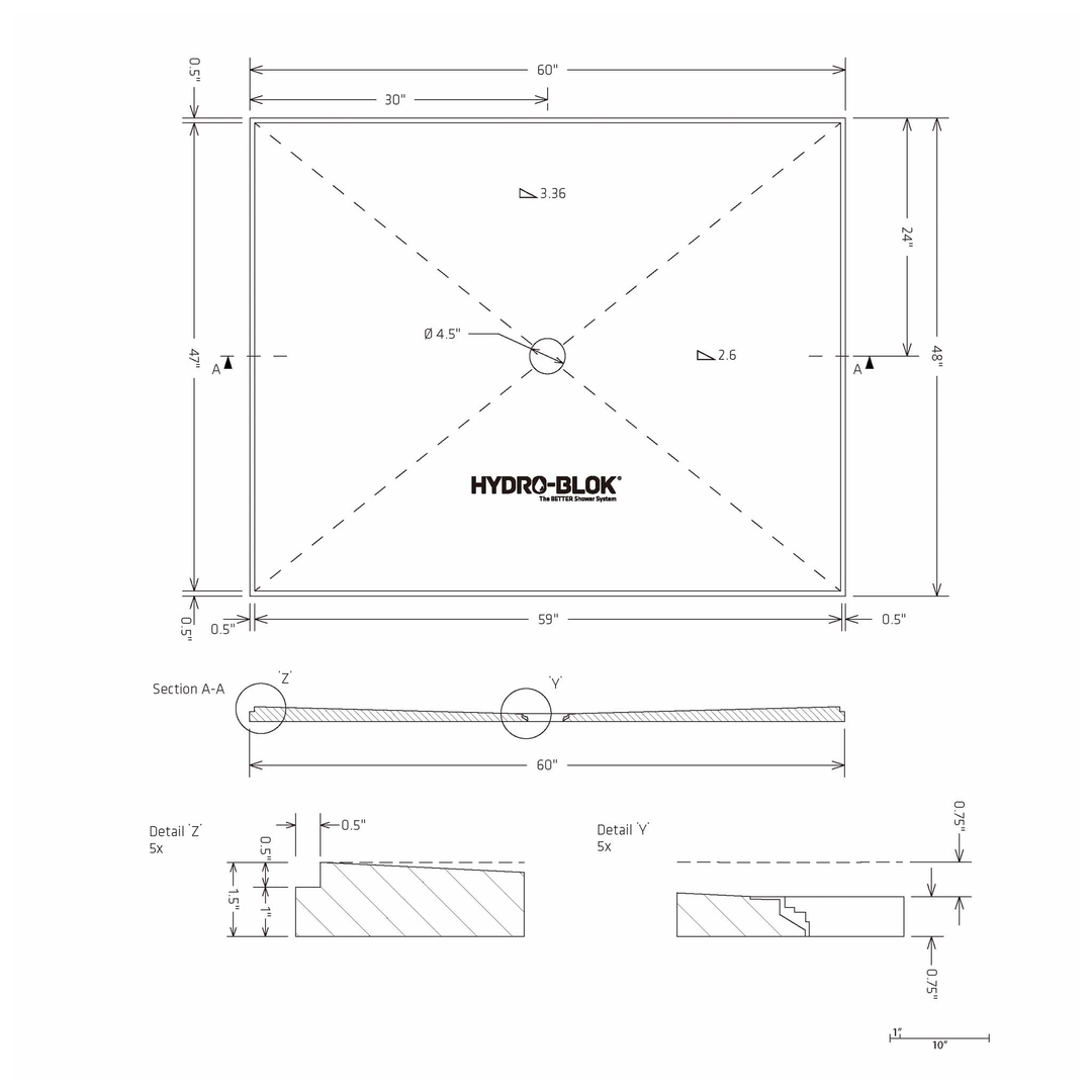 Hydro-Blok 48" x 60" Classic Shower Pan with Center Stainless Steel Drain