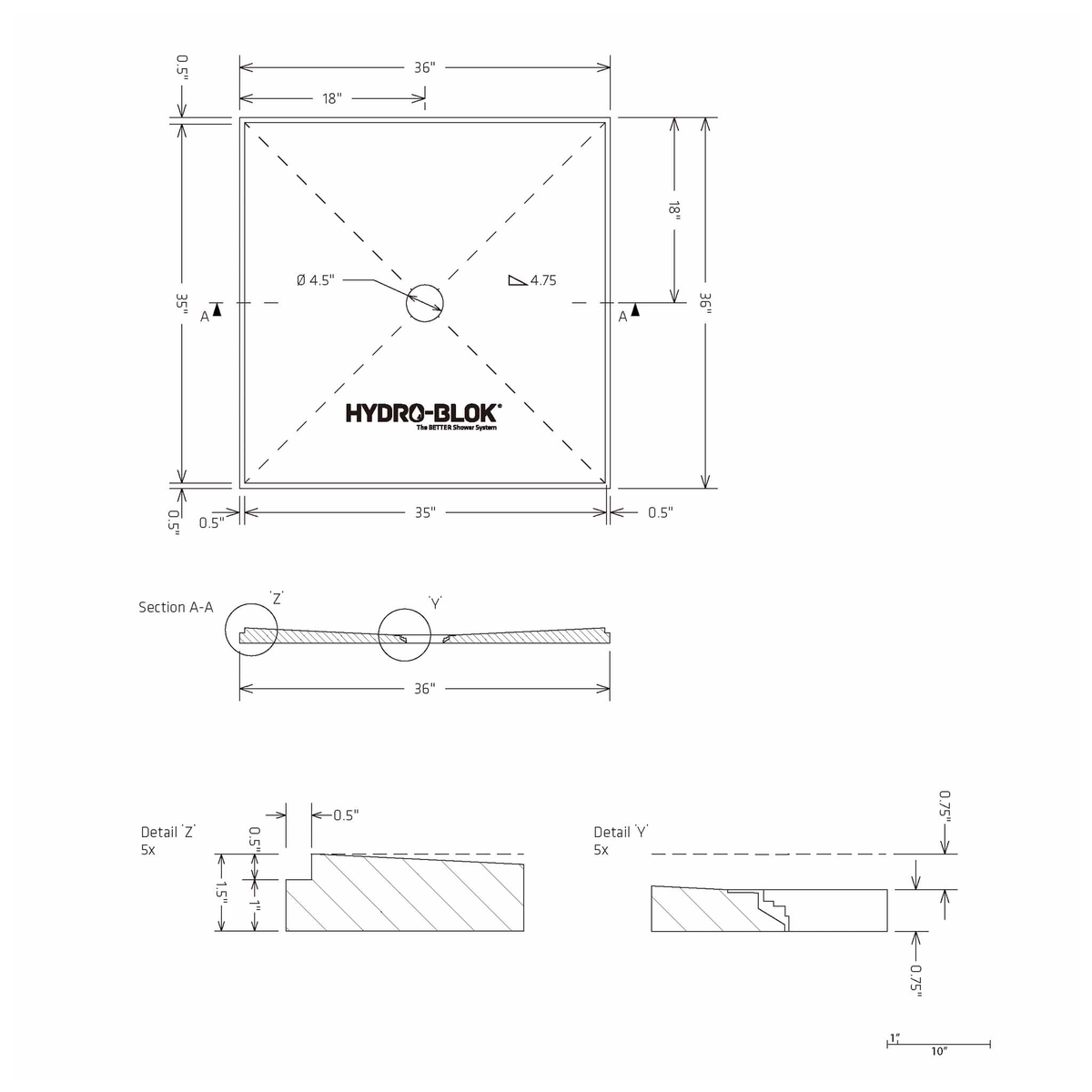 HYDRO-BLOK Classic Center Drain Shower Pan Diagram, 36” x 36”