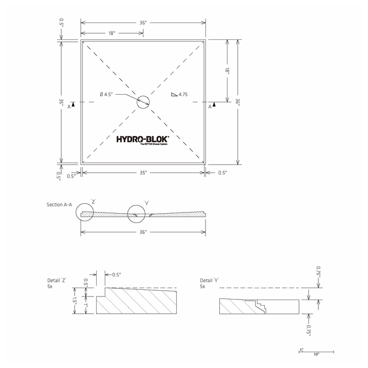 HYDRO-BLOK Classic Center Drain Shower Pan Diagram, 36” x 36”
