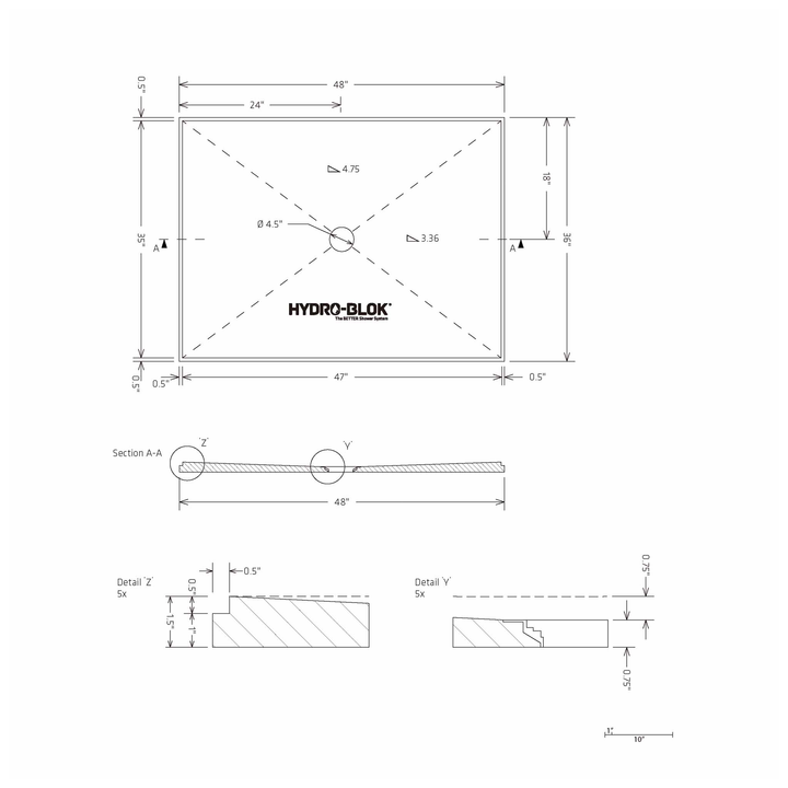 HYDRO-BLOK Classic Center Drain Shower Pan Diagram, 36” x 48” 
