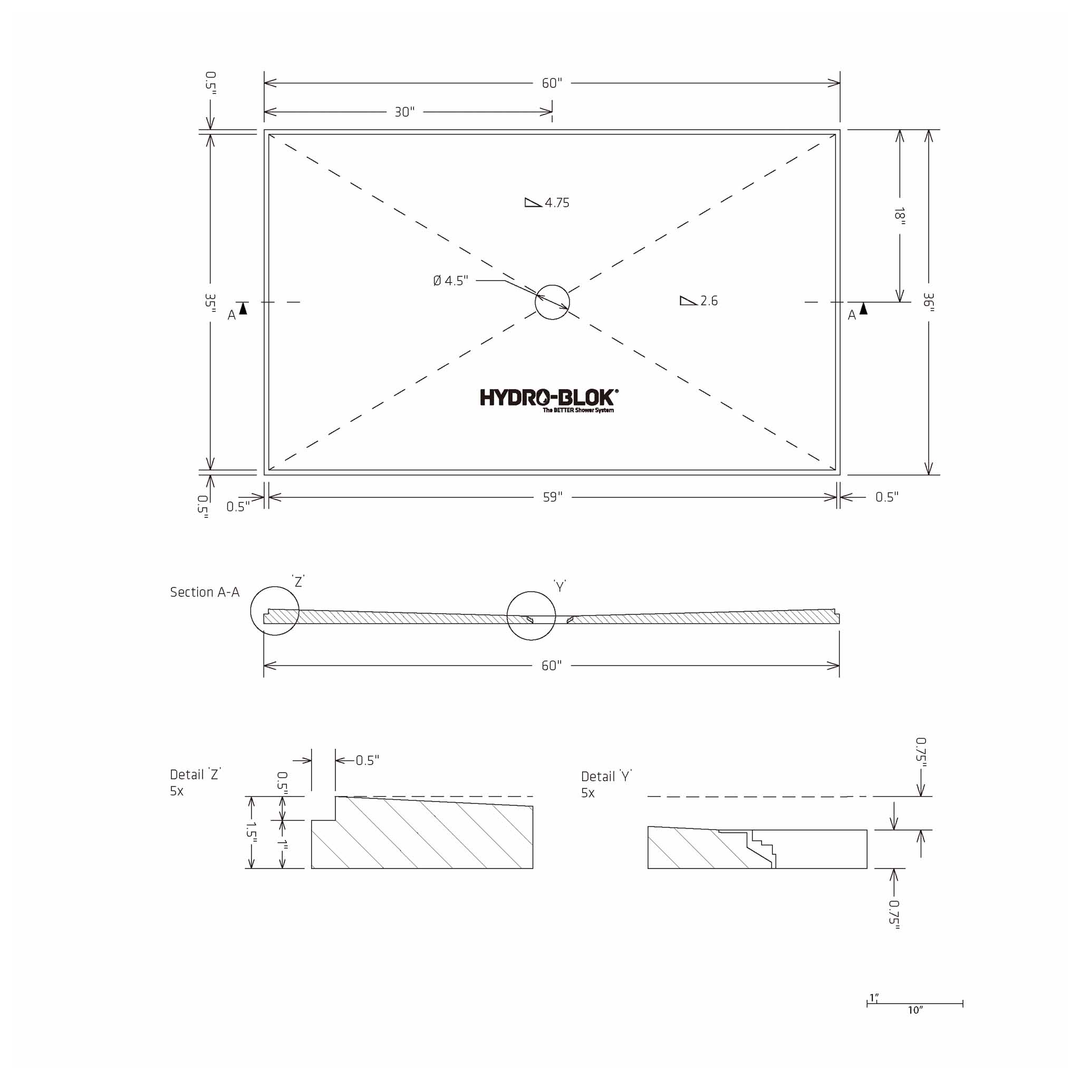 HYDRO-BLOK Classic Center Drain Shower Pan Diagram, 36” x 60” 