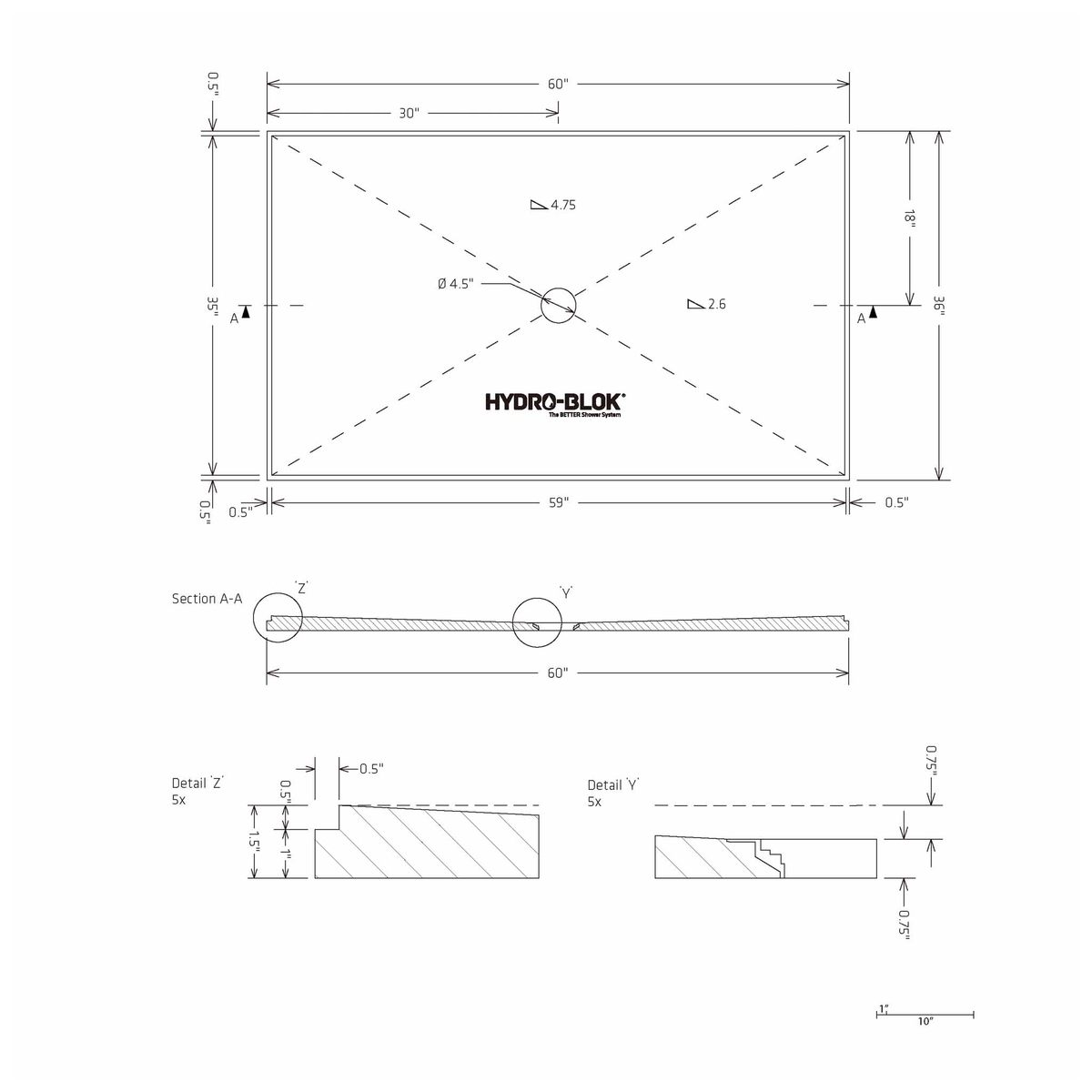 HYDRO-BLOK Classic Center Drain Shower Pan Diagram, 36” x 60” 