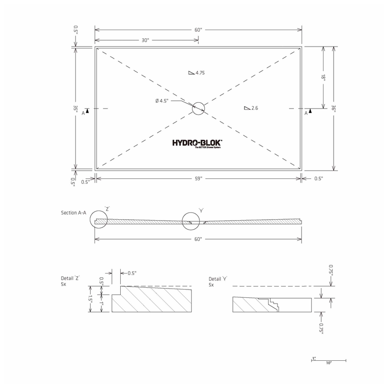 HYDRO-BLOK Classic Center Drain Shower Pan Diagram, 36” x 60” 