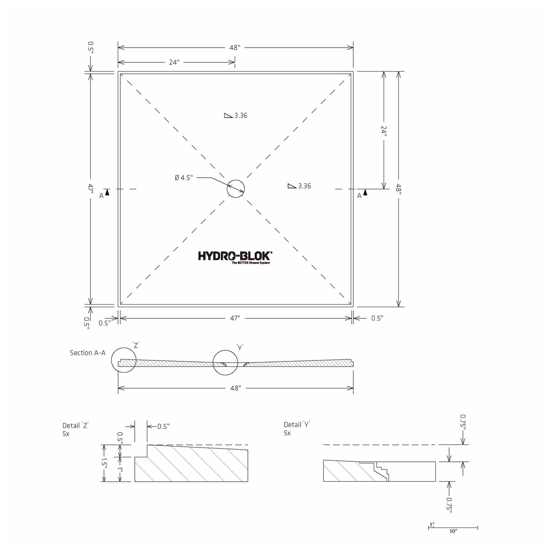 HYDRO-BLOK Classic Center Drain Shower Pan Diagram, 48” x 48”