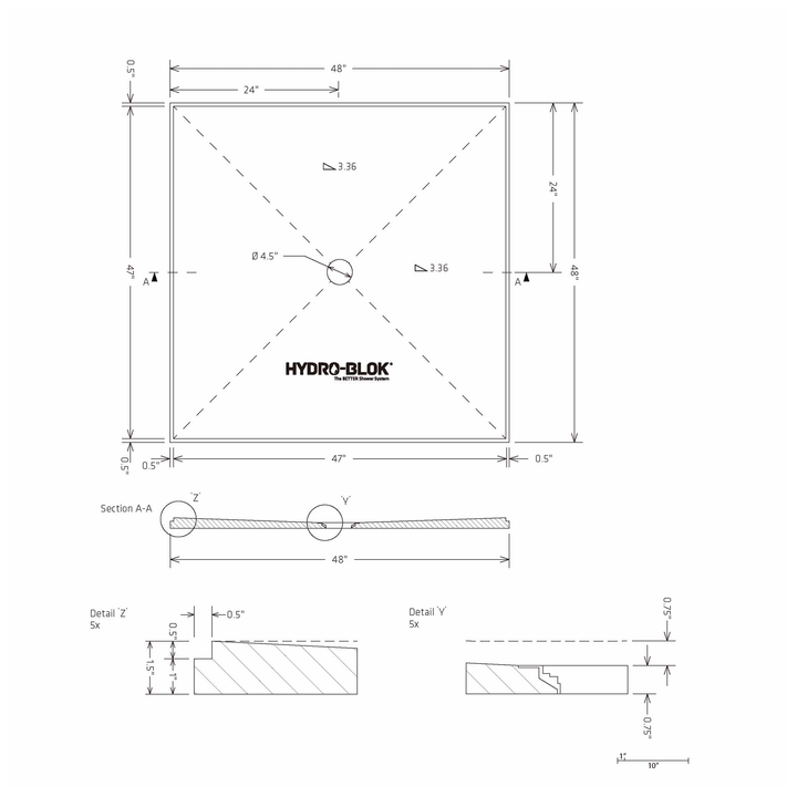 HYDRO-BLOK Classic Center Drain Shower Pan Diagram, 48” x 48”