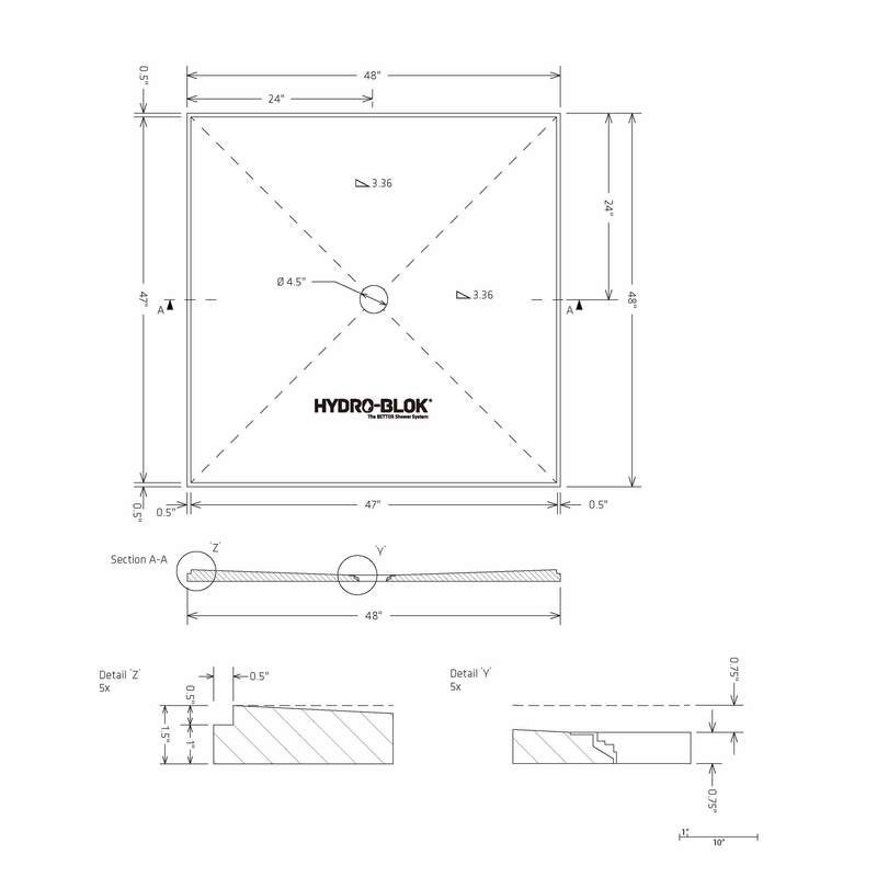 HYDRO-BLOK Classic Center Drain Shower Pan Diagram, 48” x 48”