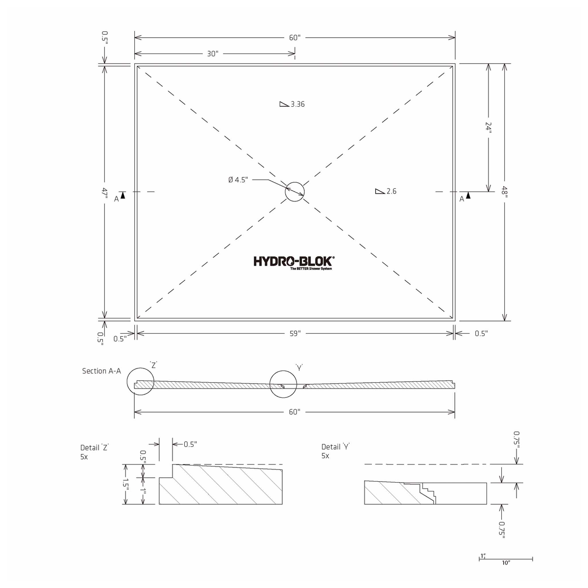 HYDRO-BLOK Classic Center Drain Shower Pan Diagram, 48” x 60”