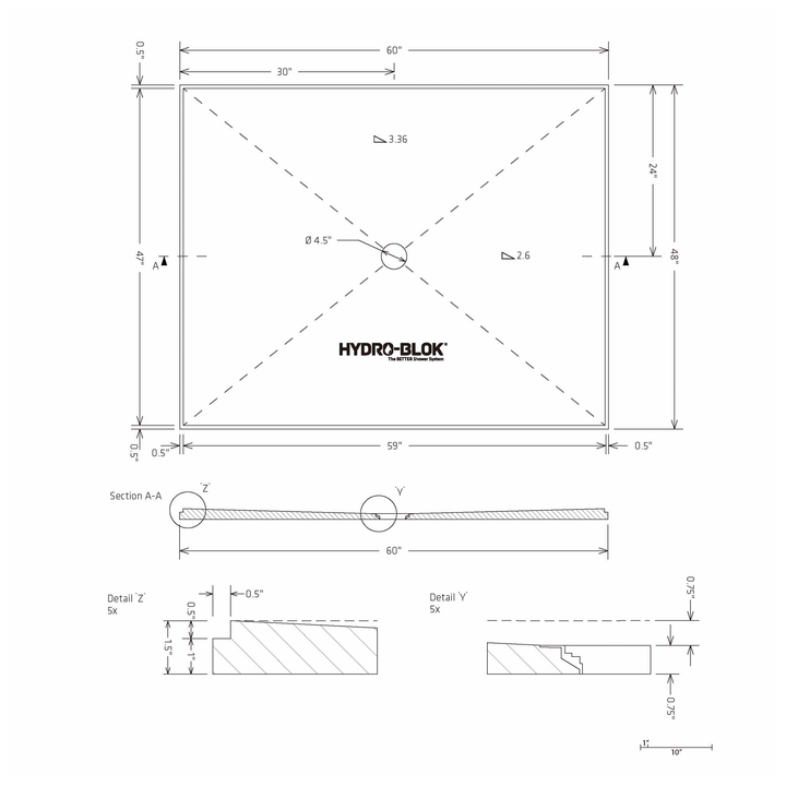 HYDRO-BLOK Classic Center Drain Shower Pan Diagram, 48” x 60”