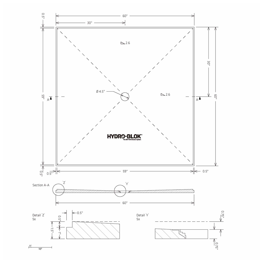 HYDRO-BLOK Classic Center Drain Shower Pan Diagram, 60” x 60”