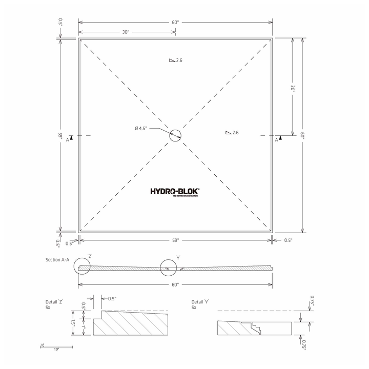 HYDRO-BLOK Classic Center Drain Shower Pan Diagram, 60” x 60”