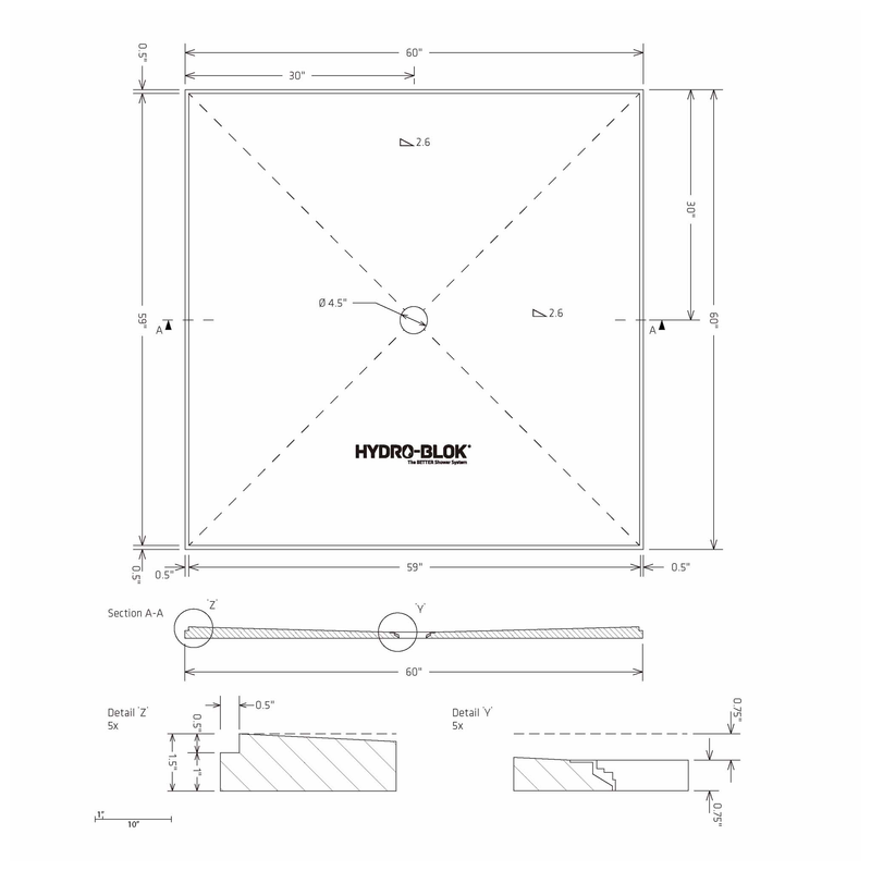 HYDRO-BLOK Classic Center Drain Shower Pan Diagram, 60” x 60”