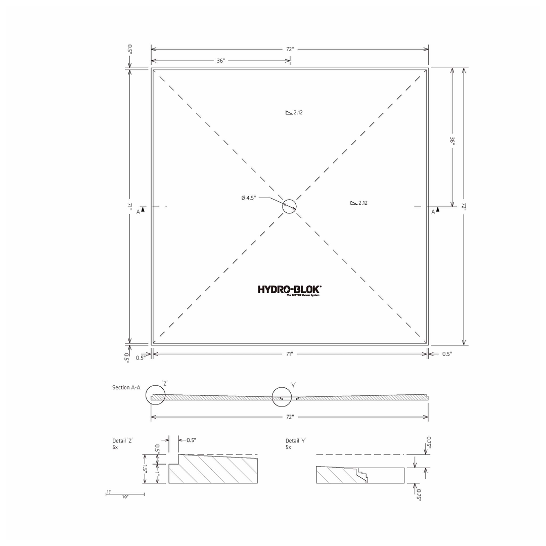 HYDRO-BLOK Classic Center Drain Shower Pan Diagram, 72” x 72”