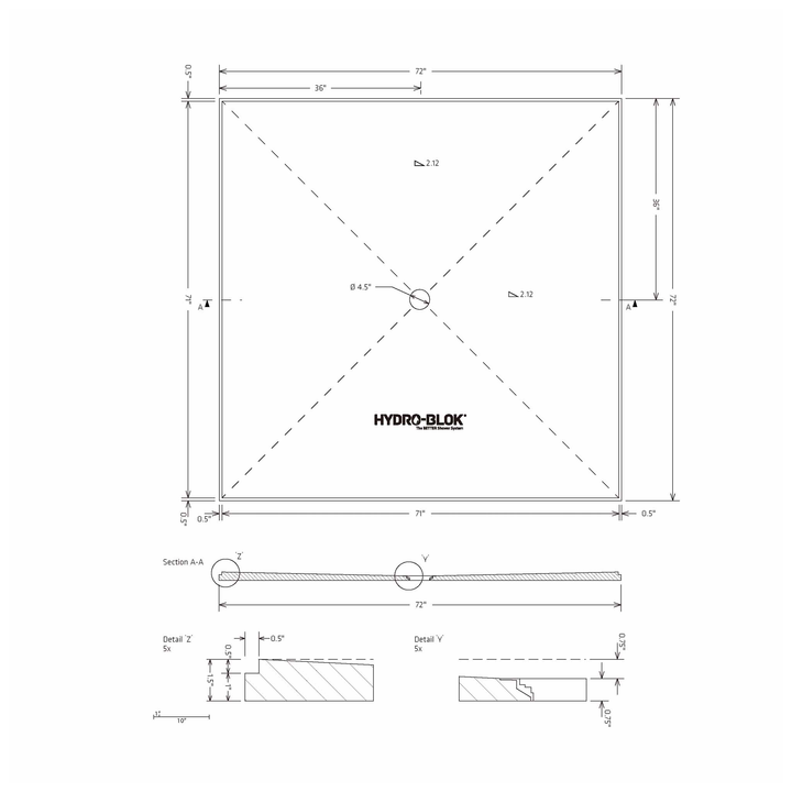 HYDRO-BLOK Classic Center Drain Shower Pan Diagram, 72” x 72”