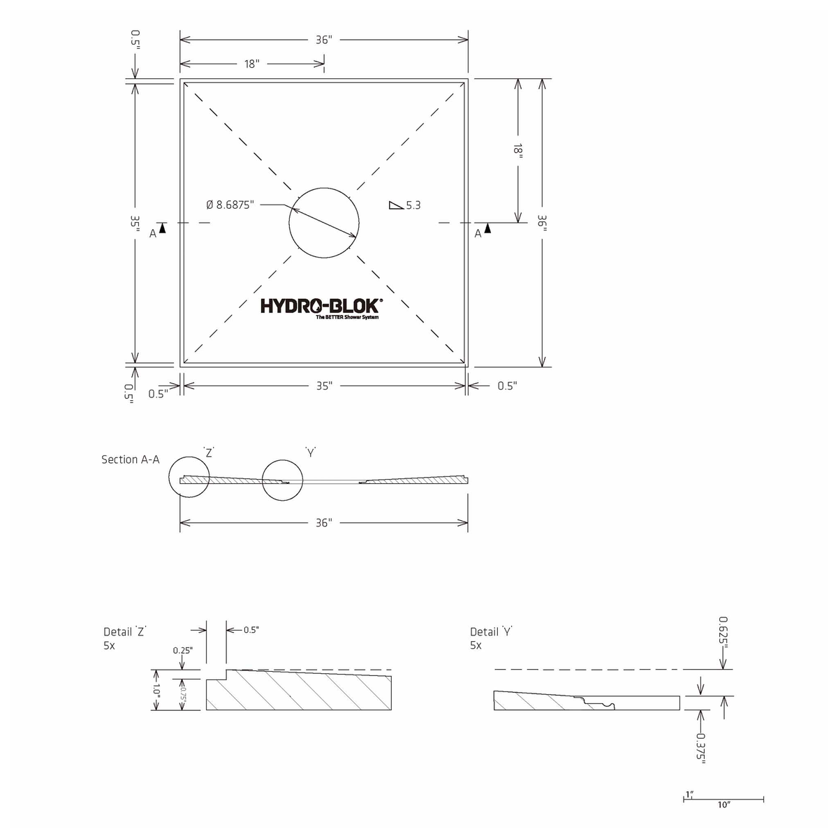 HYDRO-BLOK Low Profile Shower Pan, 36"x36" Blueprint