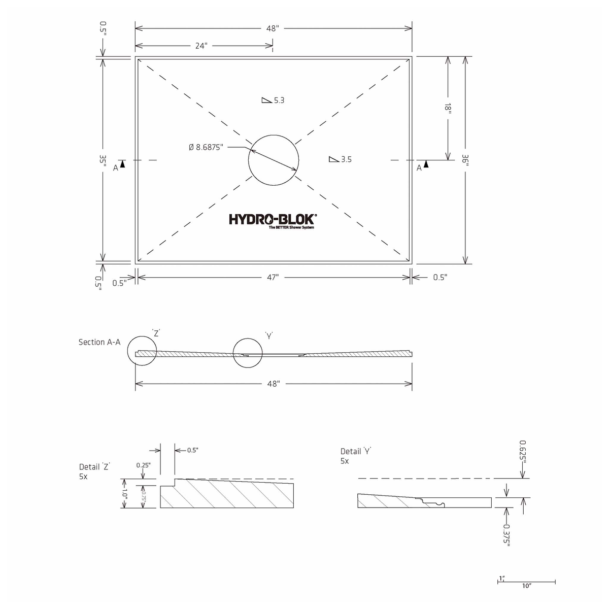 HYDRO-BLOK Low Profile Shower Pan, 36"x48" Blueprint
