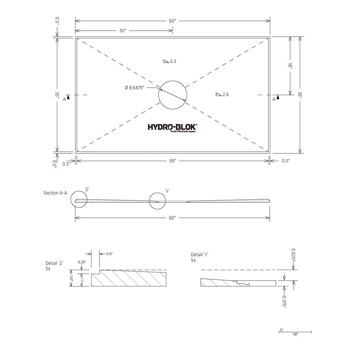 HYDRO-BLOK Low Profile Shower Pan, 36"x60" Blueprint
