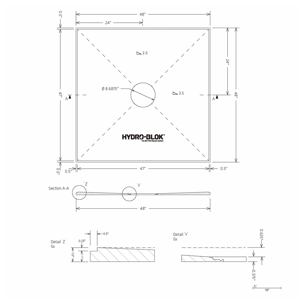 HYDRO-BLOK Low Profile Shower Pan, 48"x48" Blueprint
