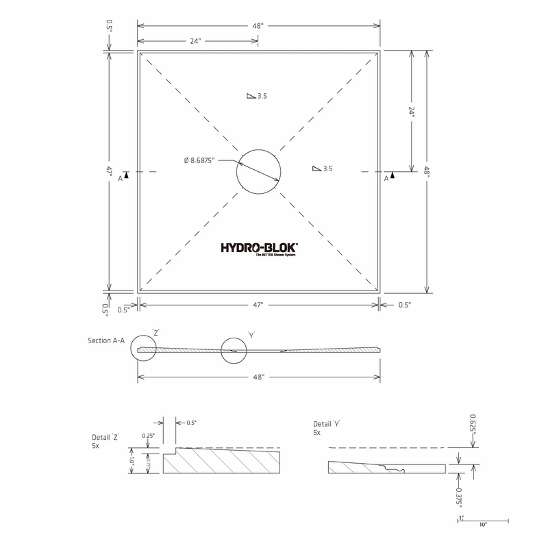 HYDRO-BLOK Low Profile Shower Pan, 48"x48" Blueprint
