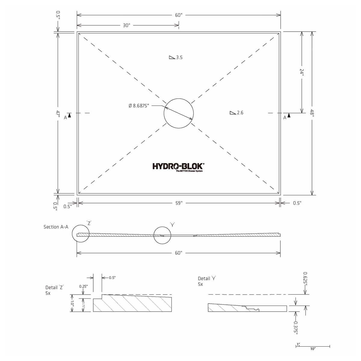HYDRO-BLOK Low Profile Shower Pan, 48"x60" Blueprint
