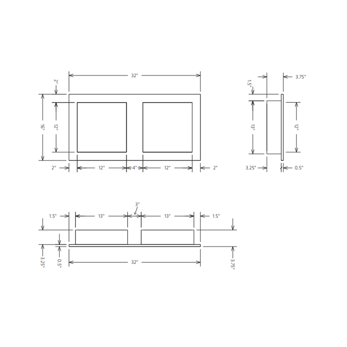 HYDRO-BLOK Recessed Shower Niche Diagram, 32" x 16" Double Wide
