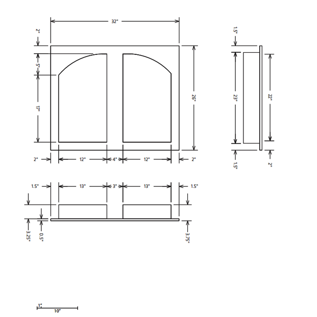HYDRO-BLOK Recessed Shower Niche Diagram, 32" x 26" Double Arch
