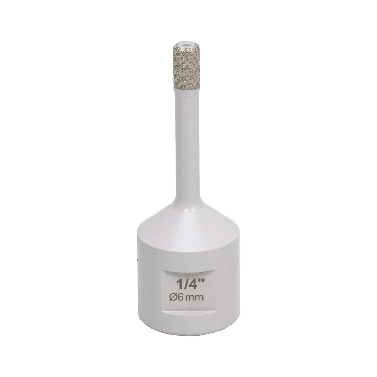 1/4 inch Diamond drill bit with a white base and gray diamond-coated tip on a white background