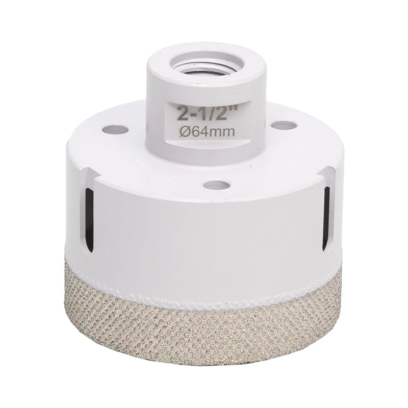 2-1/2 inch Diamond drill bit with a white base and gray diamond-coated tip on a white background